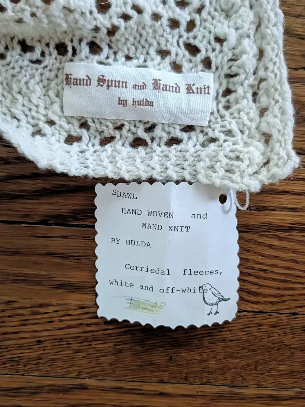 NWT Hand Spun & Knit Lace Shawl Scarf Cream White Pure Corriedale Wool By Hulda